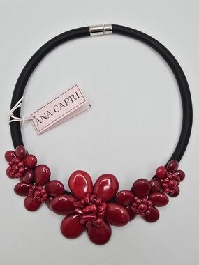 Ana Capri Necklace Dyed Red Freshwater Pearl Natural Stone Floral Collar 17"